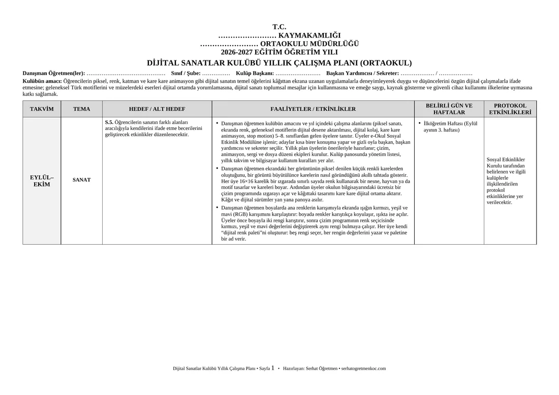 Ortaokul Dijital Sanatlar Kulübü, Yıllık plan, 1. sayfa