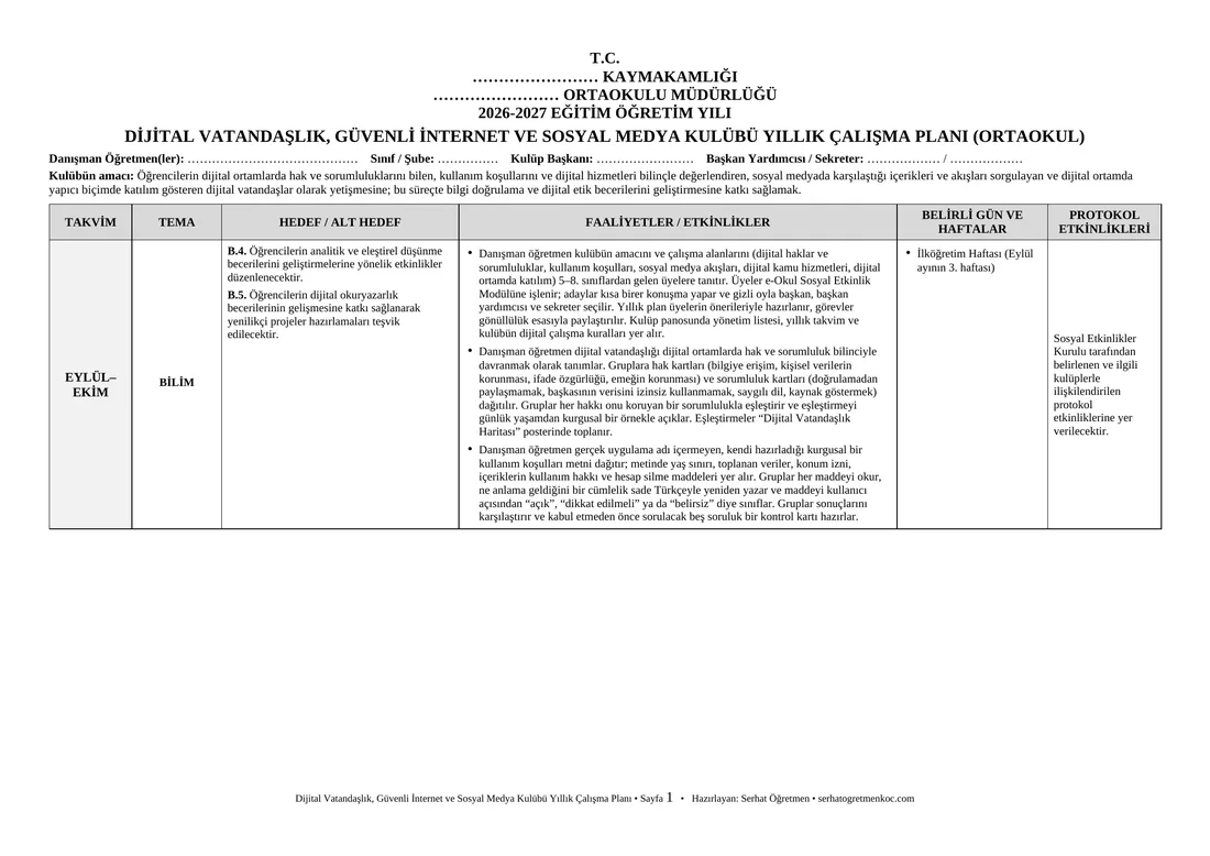 Ortaokul Dijital Vatandaşlık, Güvenli İnternet ve Sosyal Medya Kulübü, Yıllık plan, 1. sayfa