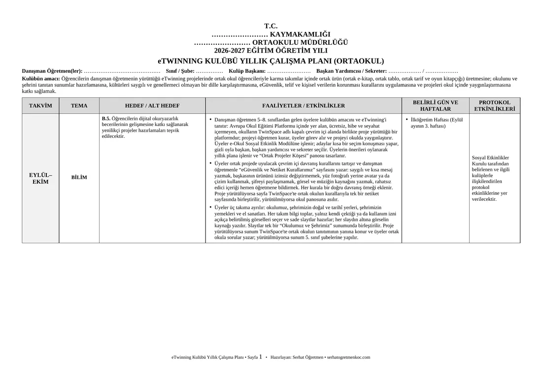 Ortaokul eTwinning Kulübü, Yıllık plan, 1. sayfa