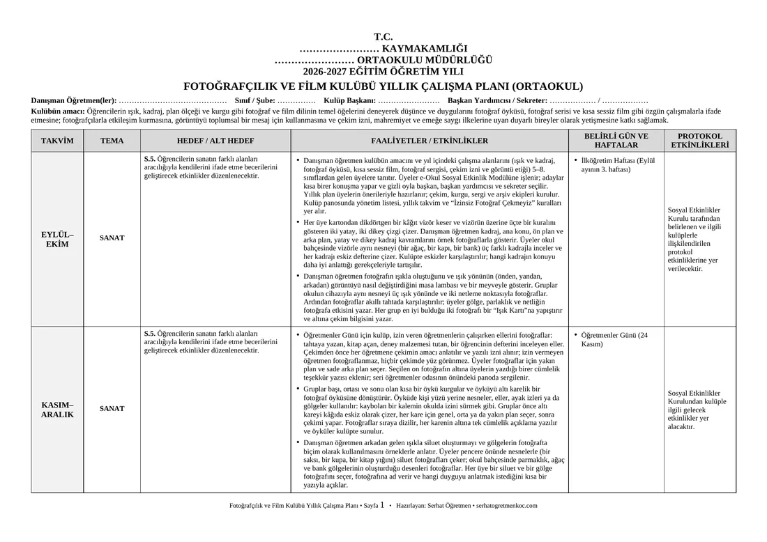 Ortaokul Fotoğrafçılık ve Film Kulübü, Yıllık plan, 1. sayfa