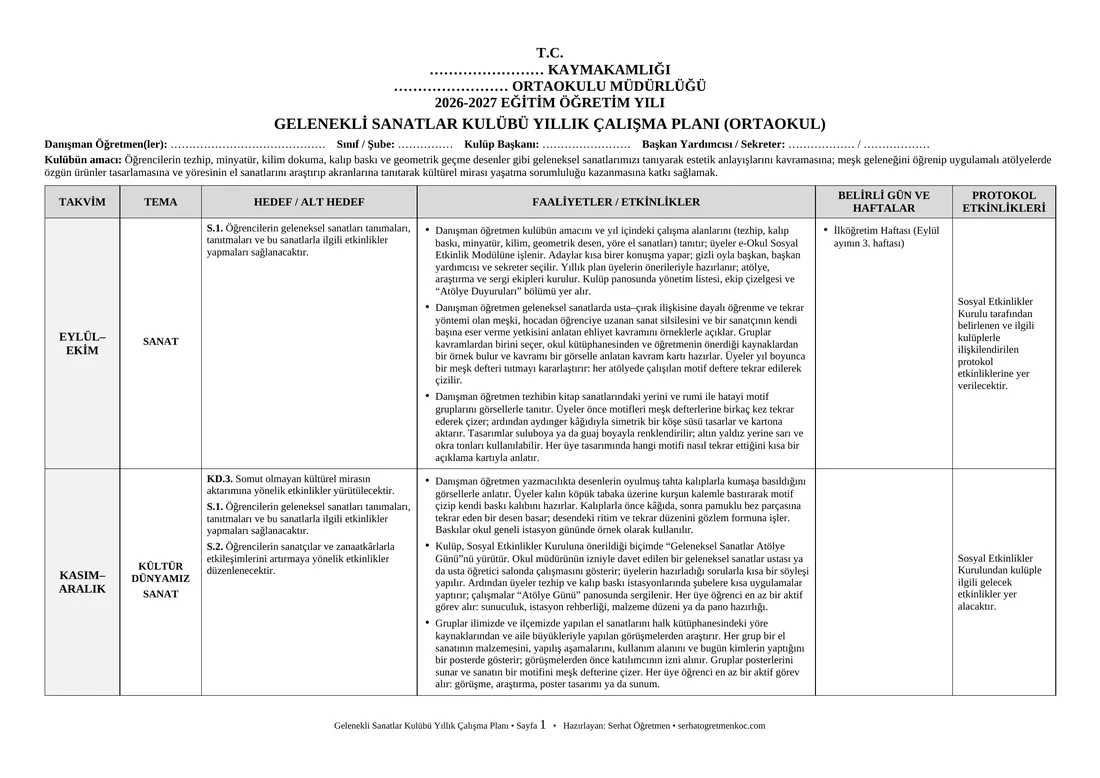 Ortaokul Gelenekli Sanatlar Kulübü, Yıllık plan, 1. sayfa