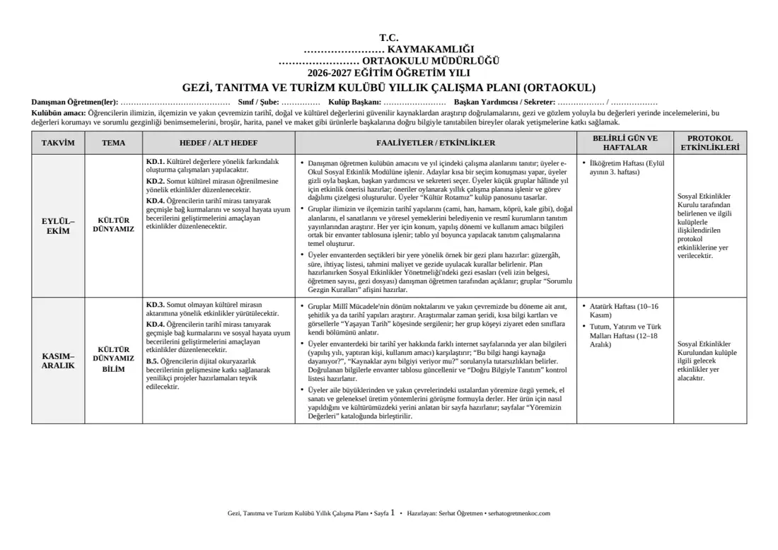 Ortaokul Gezi, Tanıtma ve Turizm Kulübü, Yıllık plan, 1. sayfa