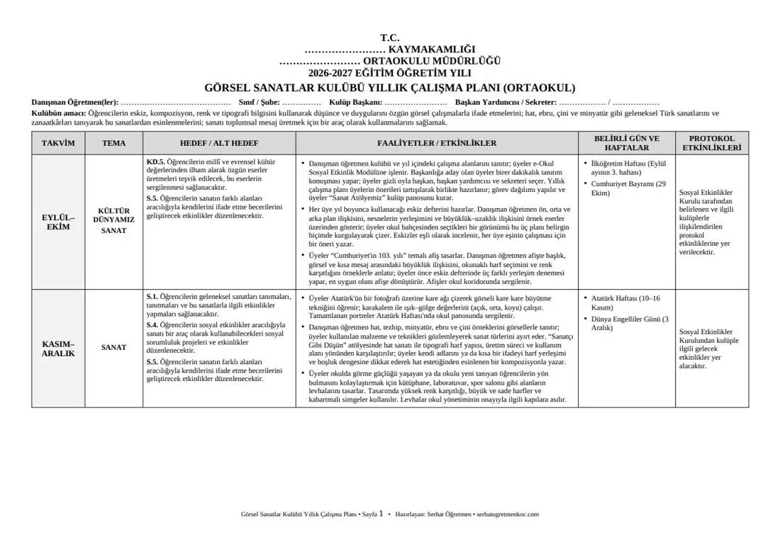 Ortaokul Görsel Sanatlar Kulübü, Yıllık plan, 1. sayfa