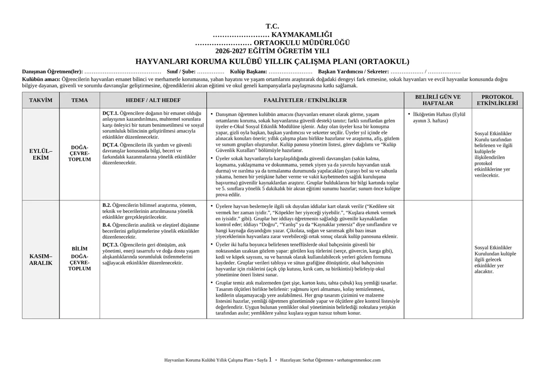 Ortaokul Hayvanları Koruma Kulübü, Yıllık plan, 1. sayfa
