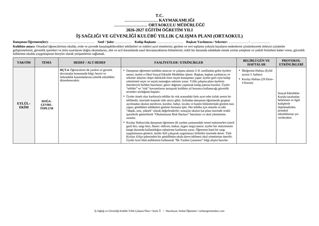 Ortaokul İş Sağlığı ve Güvenliği Kulübü, Yıllık plan, 1. sayfa