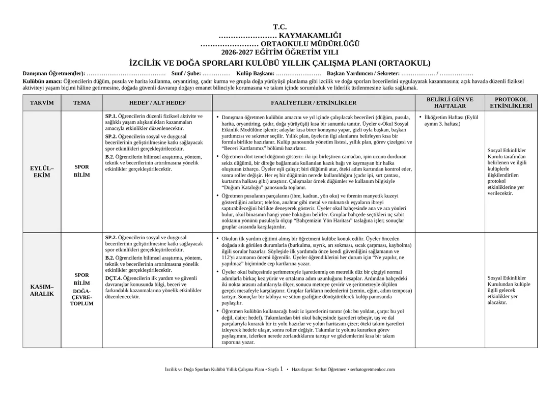 Ortaokul İzcilik ve Doğa Sporları Kulübü, Yıllık plan, 1. sayfa