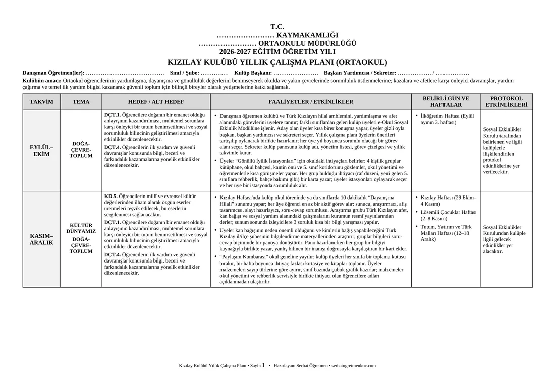 Ortaokul Kızılay Kulübü, Yıllık plan, 1. sayfa