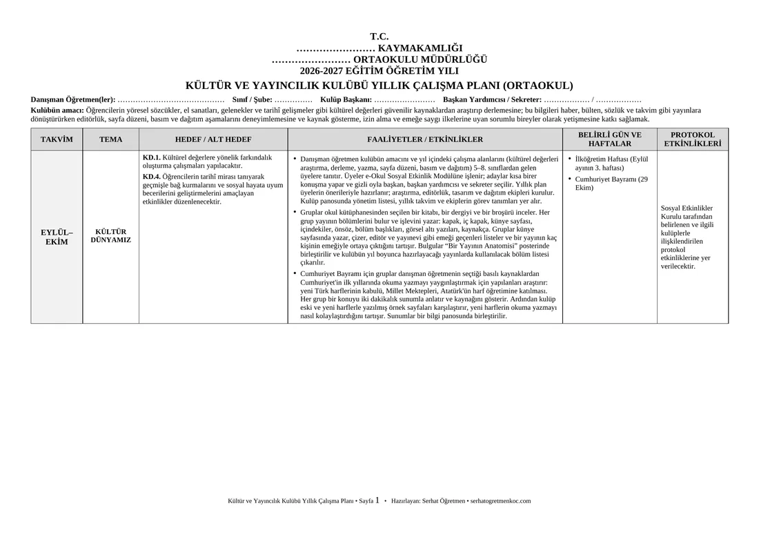Ortaokul Kültür ve Yayıncılık Kulübü, Yıllık plan, 1. sayfa