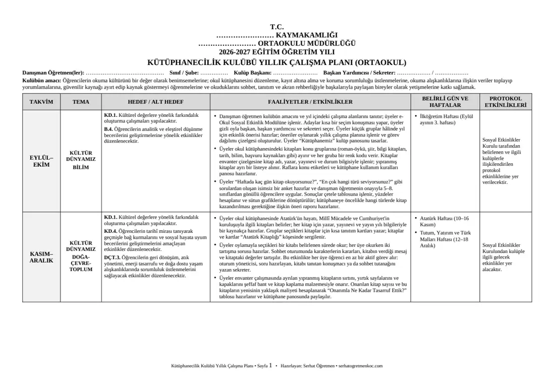 Ortaokul Kütüphanecilik Kulübü, Yıllık plan, 1. sayfa