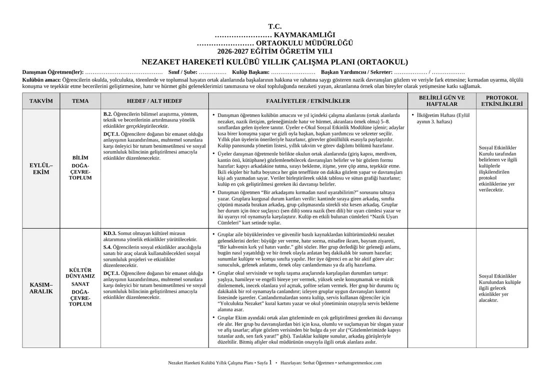 Ortaokul Nezaket Hareketi Kulübü, Yıllık plan, 1. sayfa