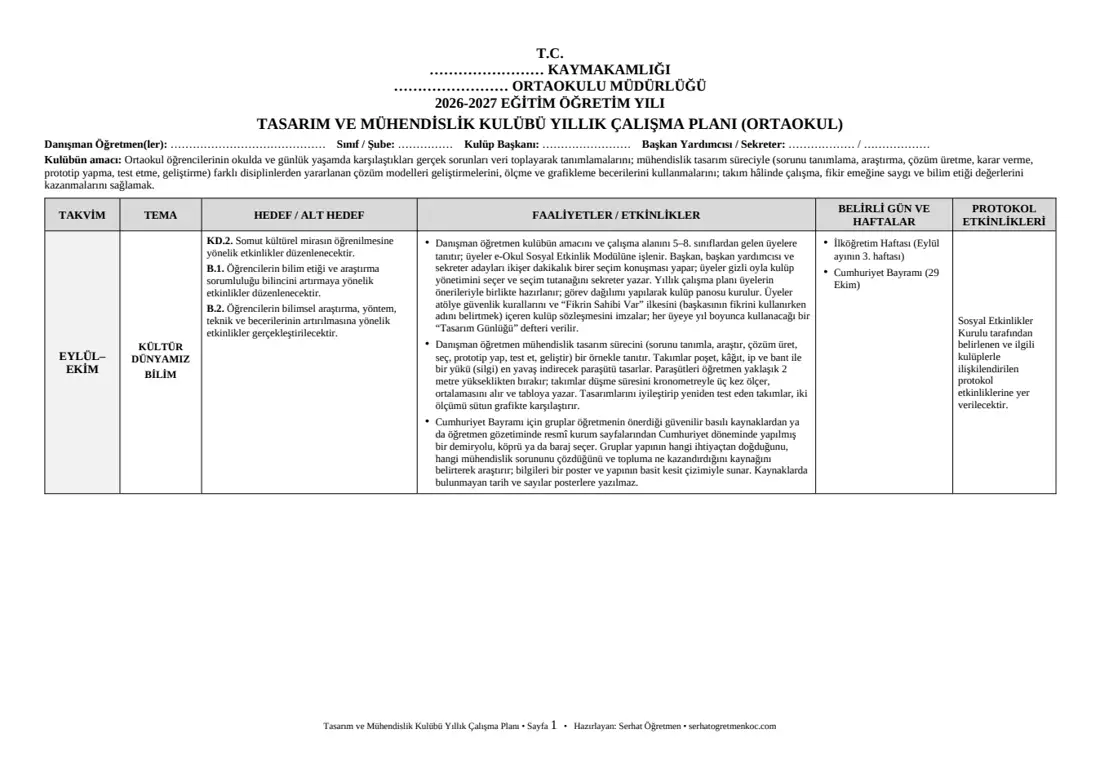 Ortaokul Tasarım ve Mühendislik Kulübü, Yıllık plan, 1. sayfa