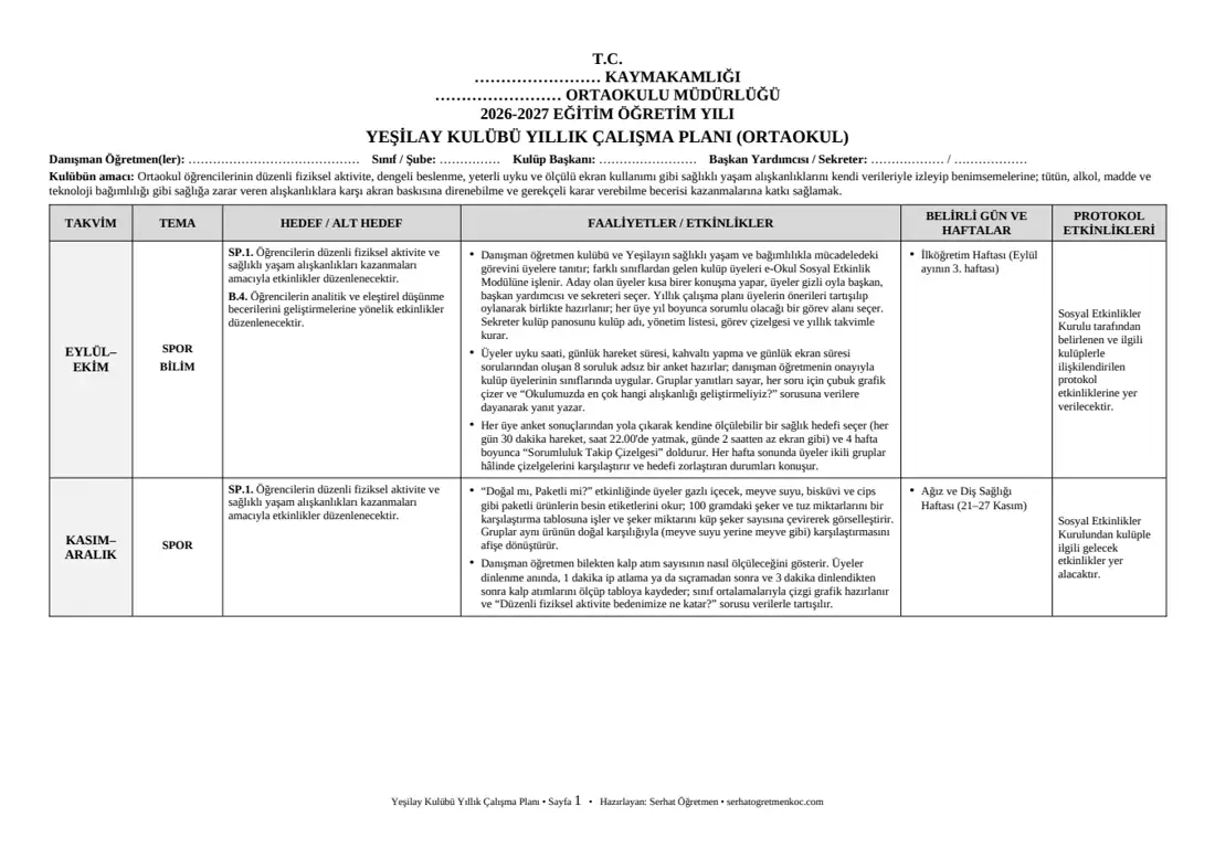 Ortaokul Yeşilay Kulübü, Yıllık plan, 1. sayfa