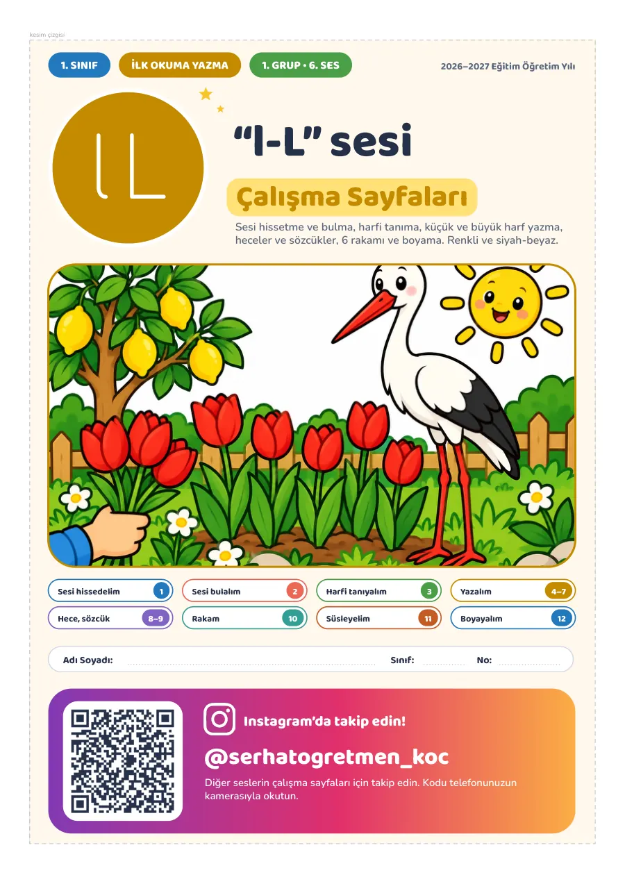 1. Sınıf İlk Okuma Yazma “l-L” Sesi Çalışma Sayfaları, 1. sayfa