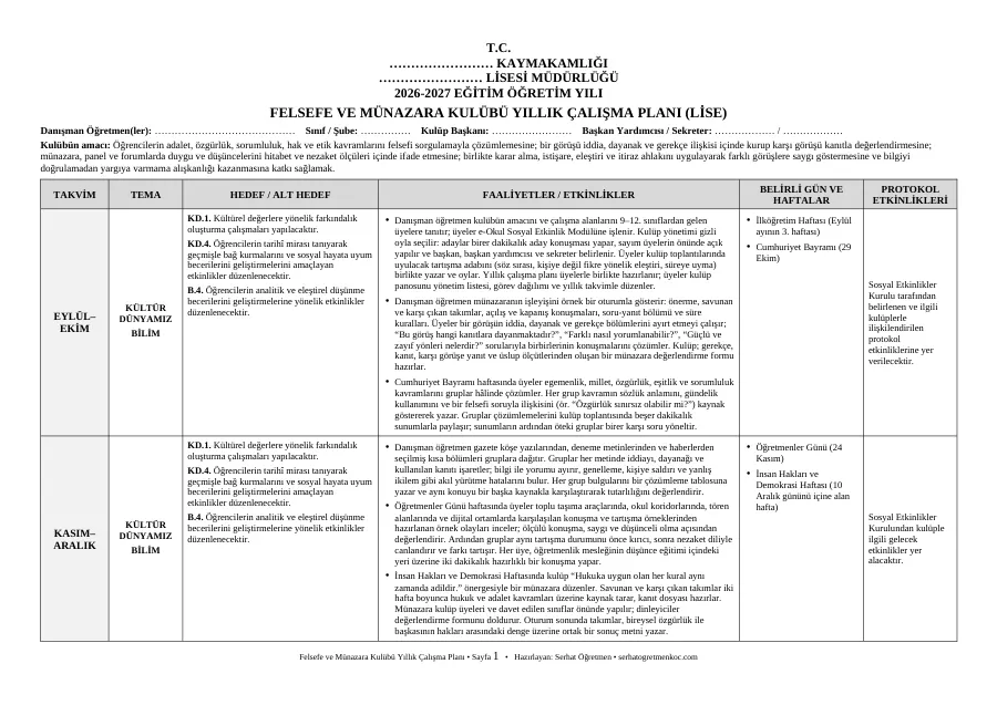 Lise Öğrenci Kulüpleri Yıllık Çalışma Planları ve Sosyal Etkinlikler Dosyaları 2026-2027 (56 Kulüp, Word), Yıllık plan (Felsefe ve Münazara), 1. sayfa