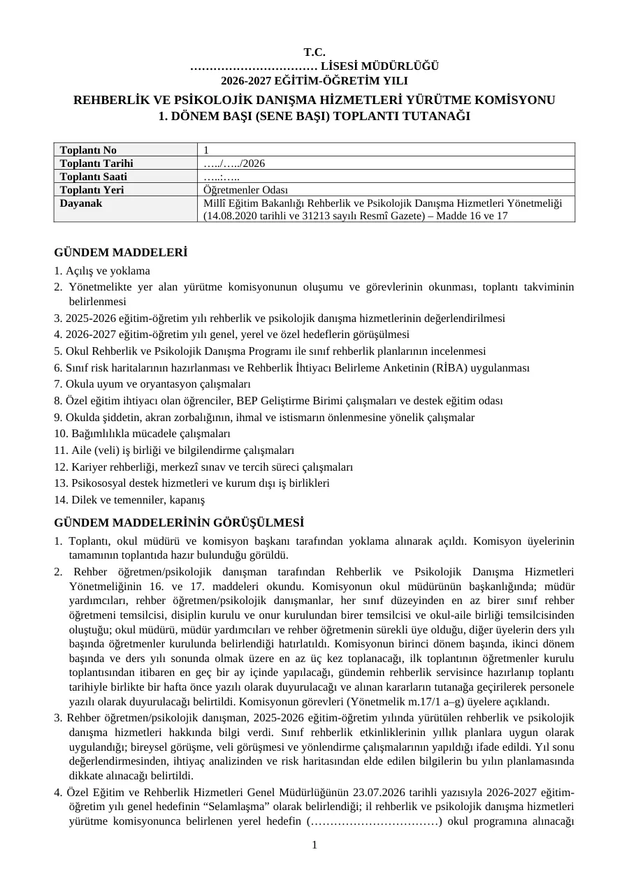Lise Rehberlik Servisi Evrak Seti 2026-2027, RPD Yürütme Komisyonu tutanakları, 1. sayfa