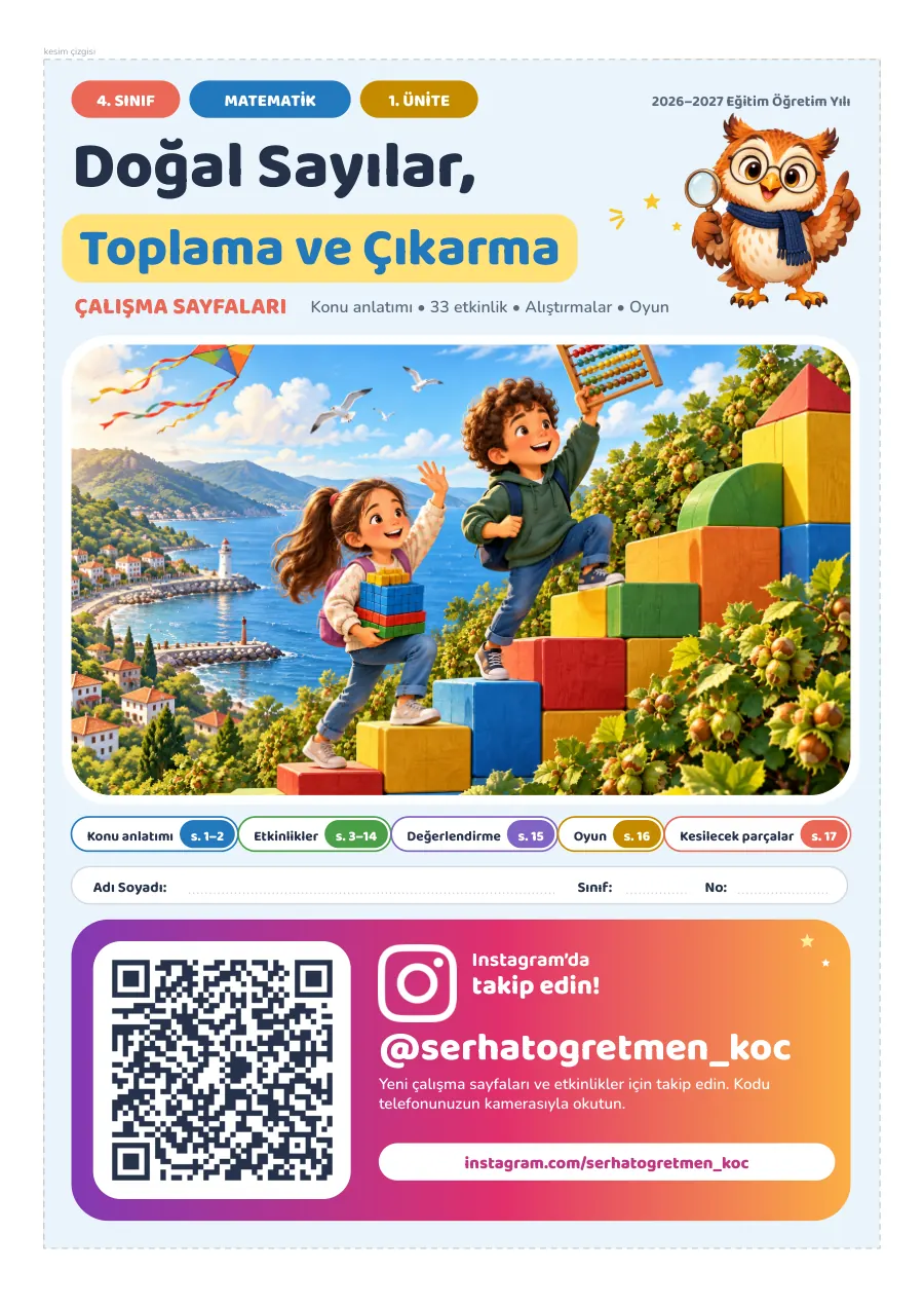 4. Sınıf Matematik 1. Ünite Doğal Sayılar, Toplama ve Çıkarma Çalışma Sayfaları, 1. sayfa