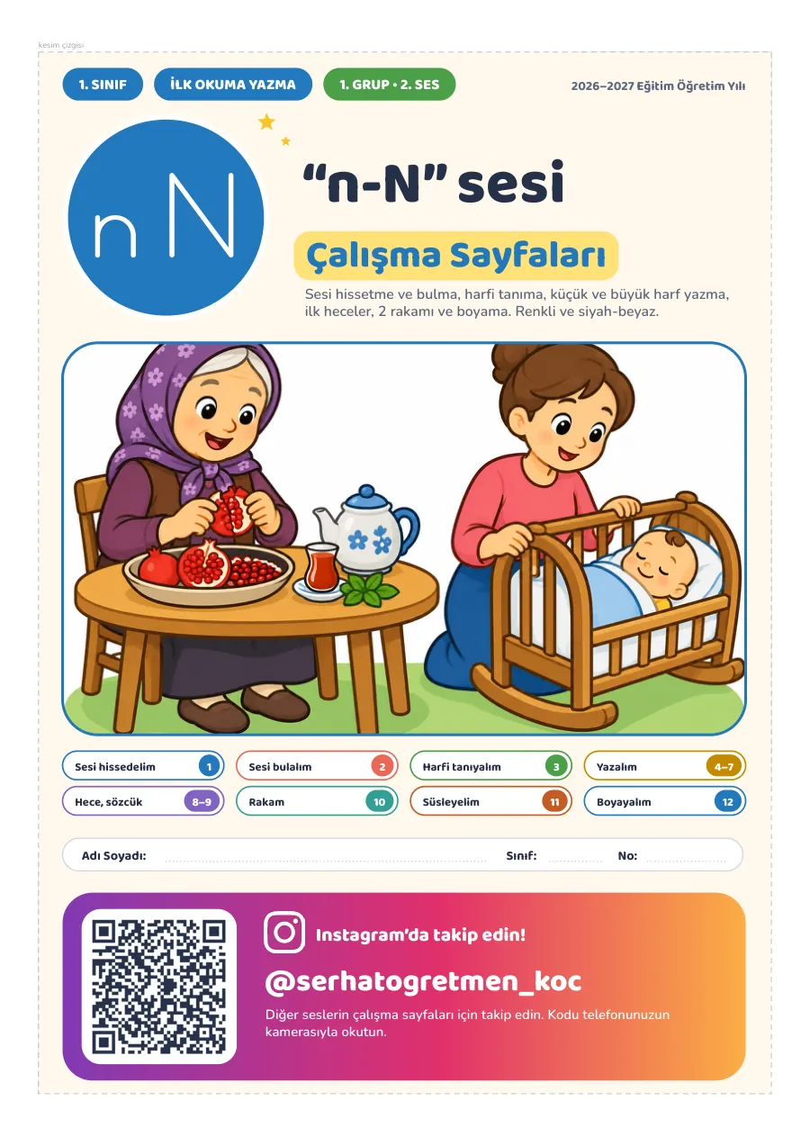 1. Sınıf İlk Okuma Yazma “n-N” Sesi Çalışma Sayfaları, 1. sayfa