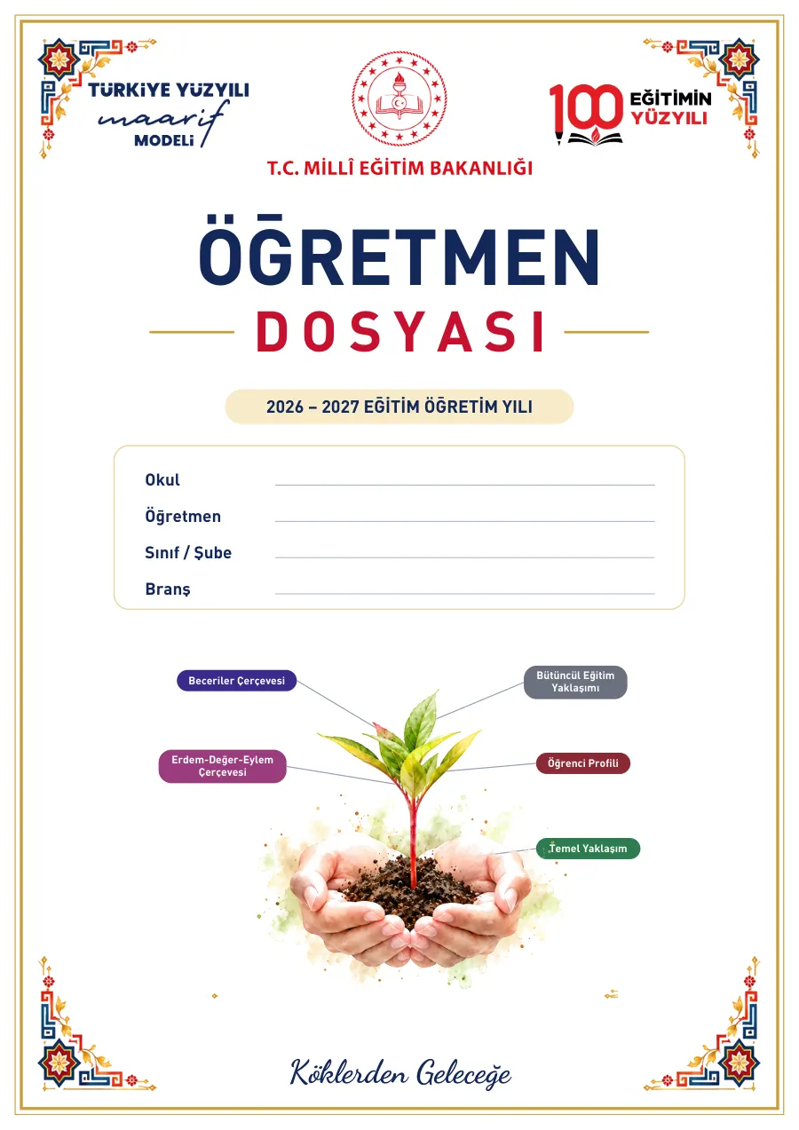 Öğretmen Dosyası 2026-2027: Kapak, Bölüm Ayraçları, Sekmeler ve Klasör Sırtlığı (4 kademe, doldurulabilir PDF), 1. sayfa
