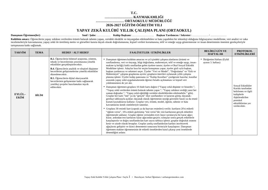 Ortaokul Öğrenci Kulüpleri Yıllık Çalışma Planları ve Sosyal Etkinlikler Dosyaları 2026-2027 (51 Kulüp, Word), Yıllık plan (Yapay Zekâ), 1. sayfa