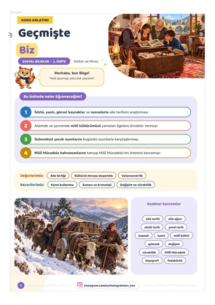 4. Sınıf Sosyal Bilgiler 2. Ünite “Geçmişte Biz” Çalışma Sayfaları, Çalışma sayfaları, 1. sayfa