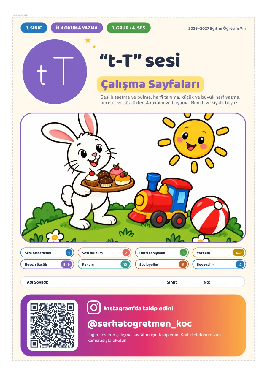 1. Sınıf İlk Okuma Yazma “t-T” Sesi Çalışma Sayfaları, 1. sayfa