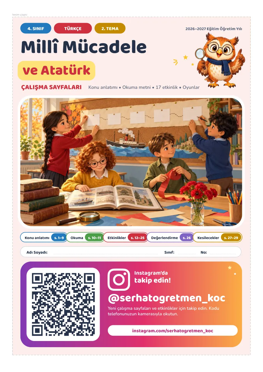 4. Sınıf Türkçe 2. Tema Millî Mücadele ve Atatürk Çalışma Sayfaları, 1. sayfa