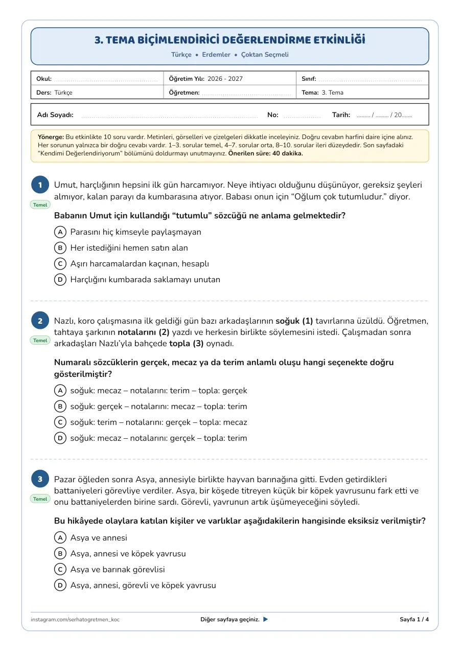4. Sınıf Türkçe 3. Tema Erdemler Biçimlendirici Değerlendirme Etkinliği, Çoktan seçmeli, 1. sayfa