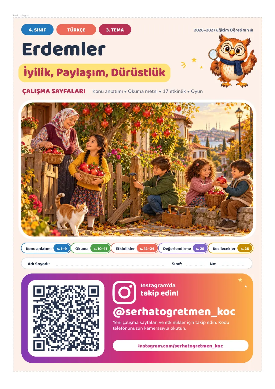 4. Sınıf Türkçe 3. Tema Erdemler Çalışma Sayfaları, 1. sayfa