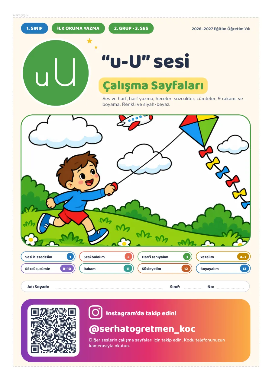 1. Sınıf İlk Okuma Yazma u-U Sesi Çalışma Sayfaları, 1. sayfa